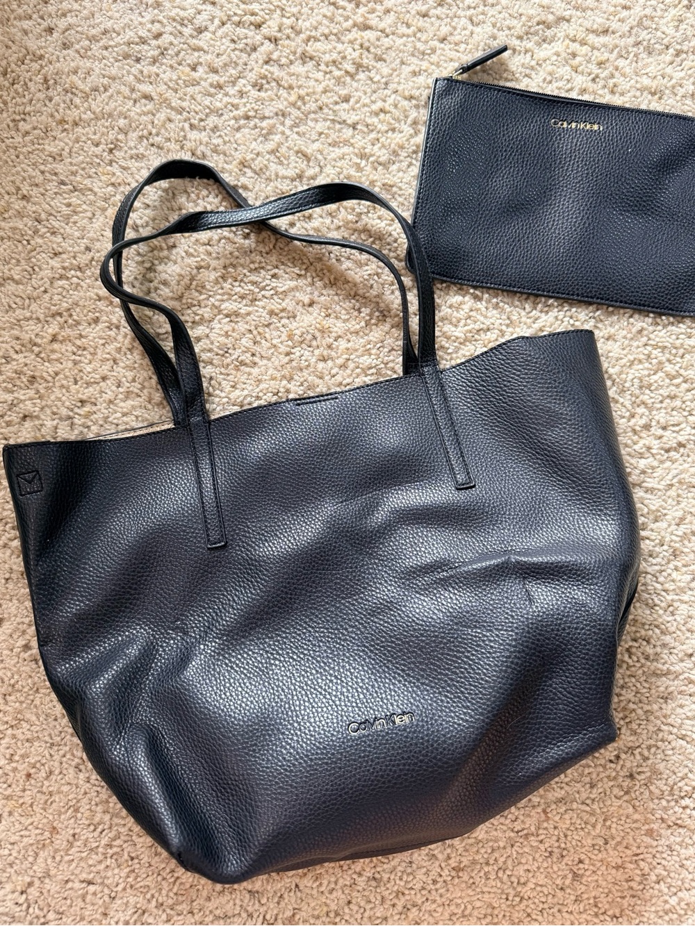 Calvin Klein Black Faux Leather Reversible Tote Bag with Matching Pouch
